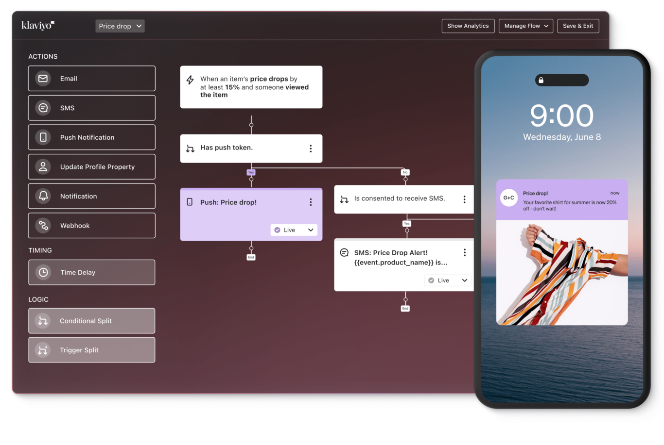 The Klaviyo platform showing a push notification flow with a phone showing a push notification around a price drop