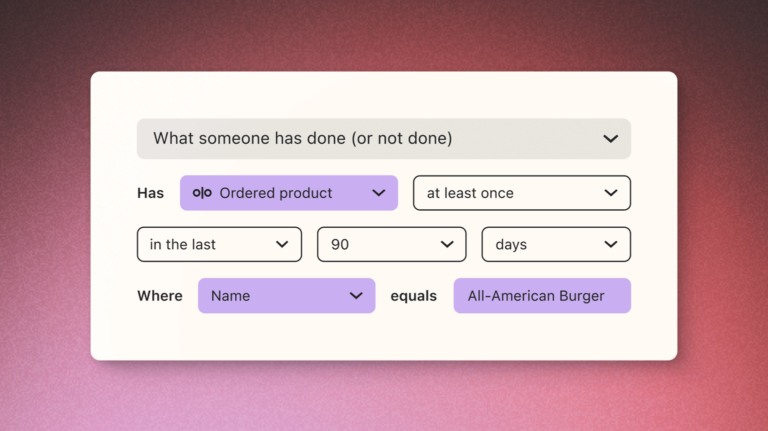 A Klaviyo segment powered by our Olo integration, targeting guests who ordered an all-american burger at least once in the last 90 days