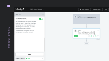 Klaviyo flow builder with a Shopify order update text message set to transactional