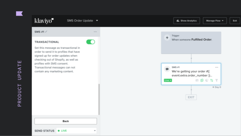 Klaviyo flow builder with a Shopify order update text message set to transactional